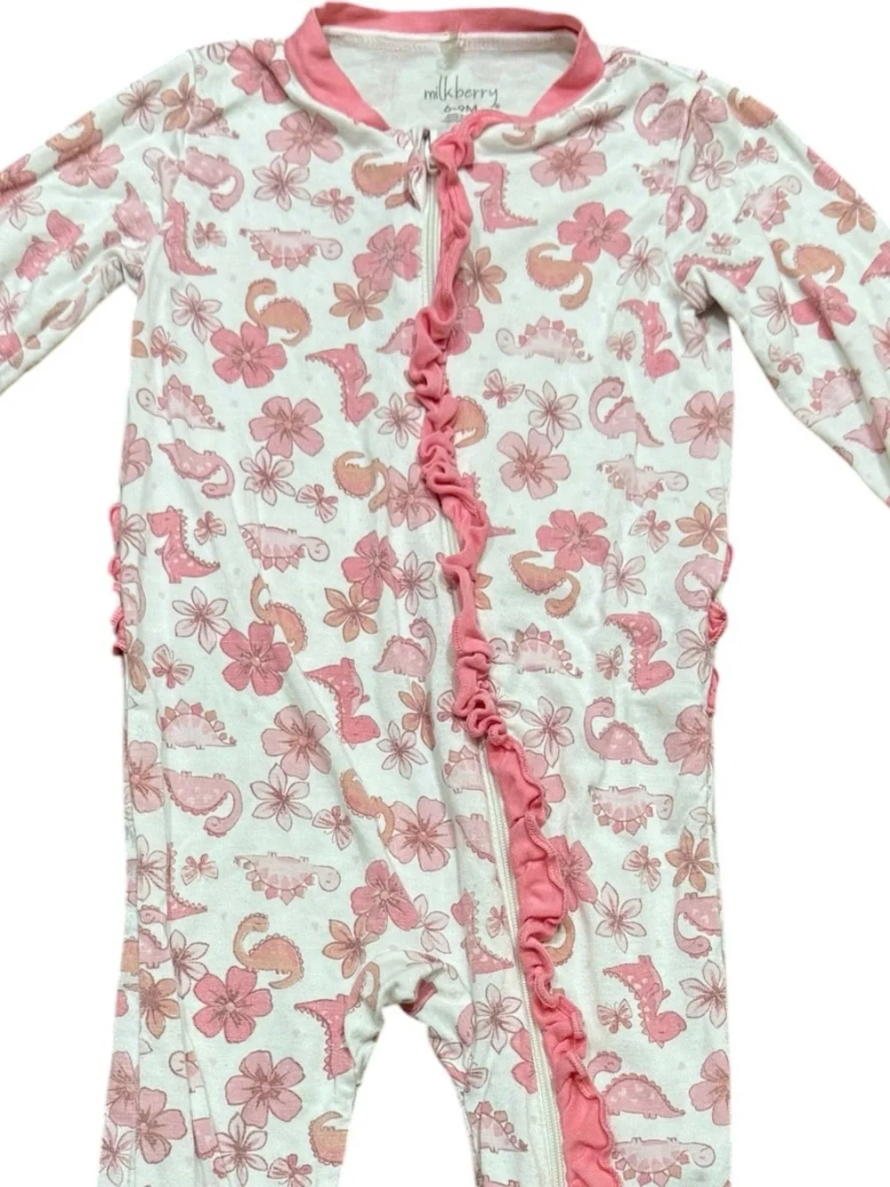 Milkberry Bamboo Floral Dinosaur Footed Sleeper Baby Girl Size 6-9 Months Pink